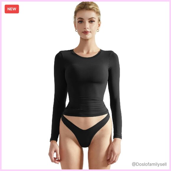 Double Lined Fitted Crop Top Long Sleeve Crew Neck Y2K Chic Basic Tee